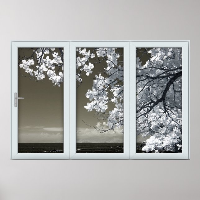 Poster Illusion de fausse fenêtre - Billet de fleurs blan (Devant)