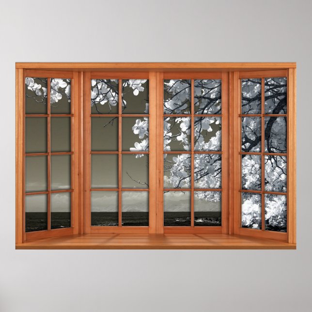 Poster Illusion de fausse fenêtre - Blossoms blancs odieu (Devant)