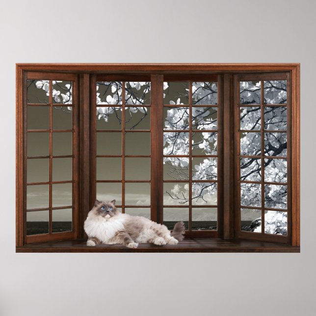 Poster Illusion de la baie vitrée avec chat sur l'affiche (Devant)