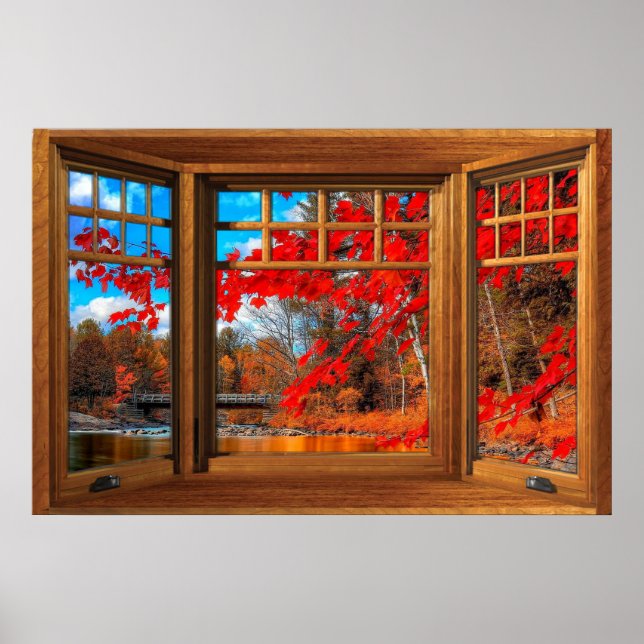 Poster Illusion de la fenêtre de la baie de bois - Paysag (Devant)