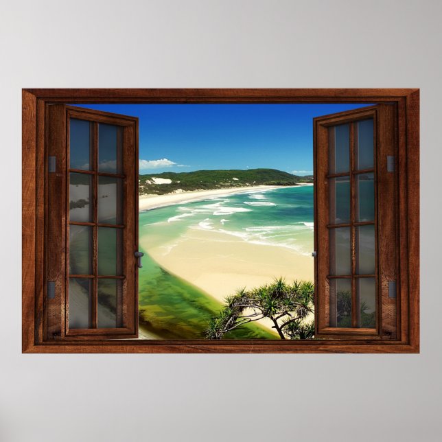 Poster Illusion de la fenêtre de la plage des Caraïbes (Devant)
