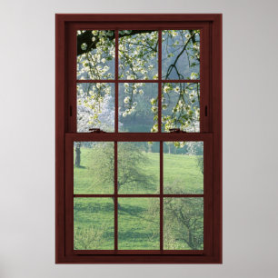 Poster Illusion de la fenêtre d'image en fleurs de ceris