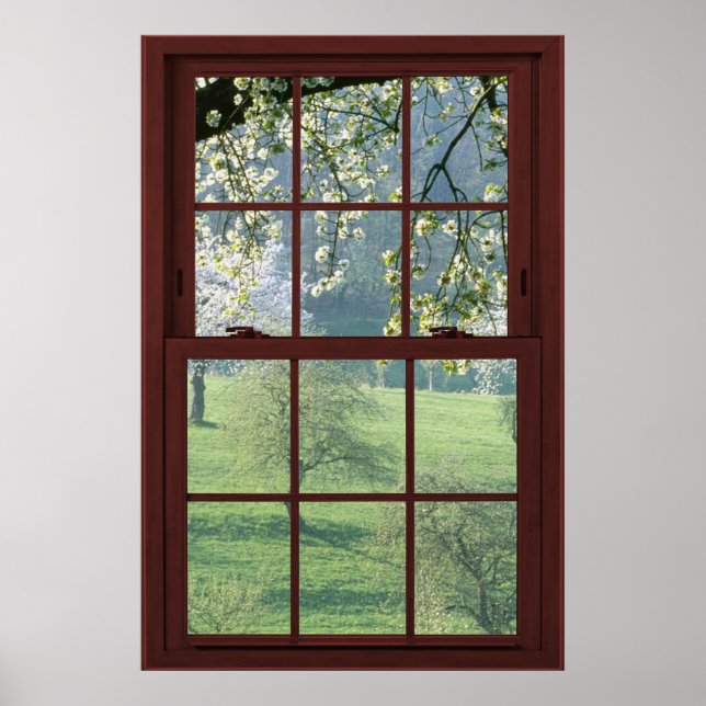 Poster Illusion de la fenêtre d'image en fleurs de cerisi (Devant)