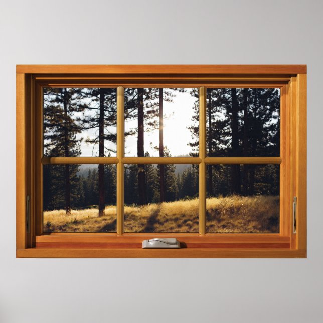 Poster Illusion de la fenêtre en bois - Pins d'automne (Devant)