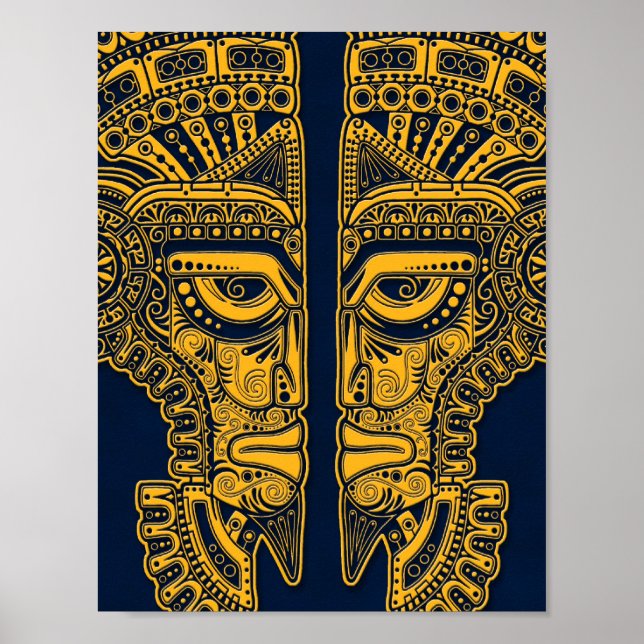 Poster Illusion du masque Jaune Maya sur bleu (Devant)