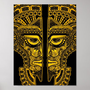 Poster Illusion du masque Jaune Maya sur le noir