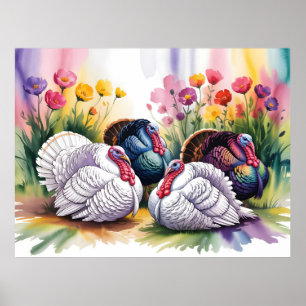 Poster Illustration aquarelle colorée de dindes