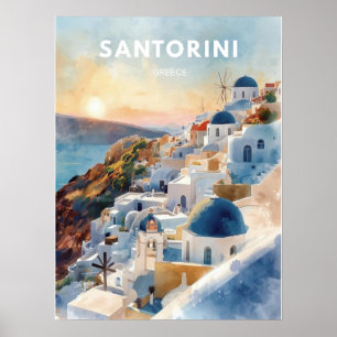 Poster Illustration aquarelle de voyage à Santorin