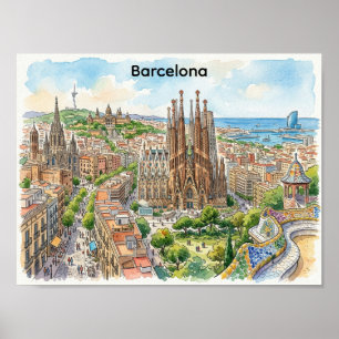Poster Illustration aquarelle du paysage urbain de Barcel