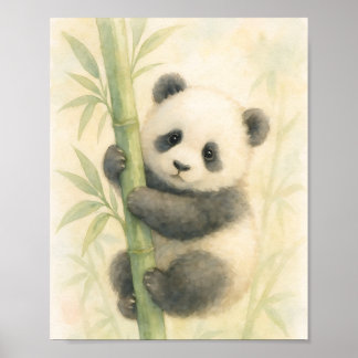 Poster Illustration aquarelle d'un bébé panda sur du bamb