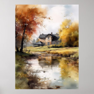 Poster Illustration aquarelle Paysage Automne Imprimer