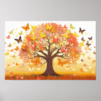 Poster Illustration artistique d'un arbre aux papillons
