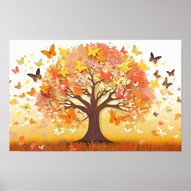 Poster Illustration artistique d'un arbre aux papillons (Devant)