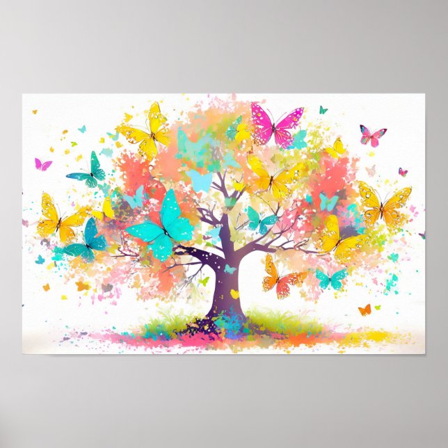 Poster Illustration artistique d'un arbre éclaboussé de p (Devant)