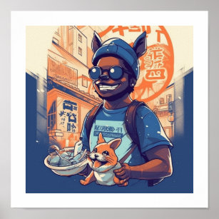 Poster illustration Black boy and dog Tokyo