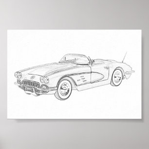 Poster Illustration Chevy Corvette en noir et blanc 1958
