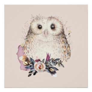 Poster Illustration chic Pastel Flower Owl Animal Boho