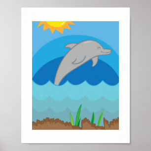 Poster Illustration Colorée de Dauphin   Animal Marin pou