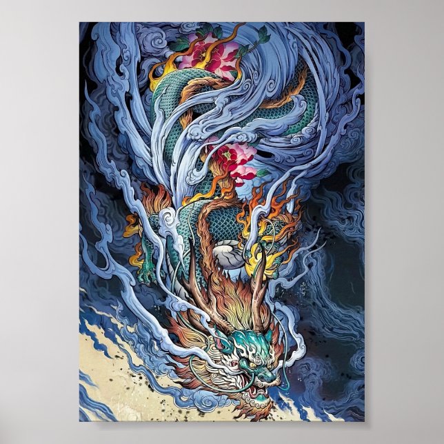 Poster Illustration colorée du dragon chinois, mythique (Devant)