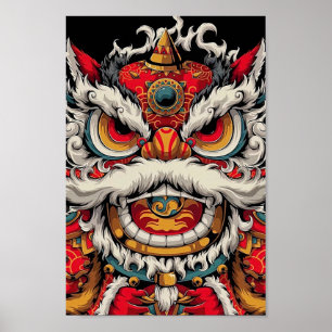 Poster Illustration colorée du lion dansant chinois