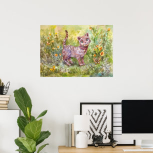 Poster Illustration Cute Kitten Garden Fleurs papillon