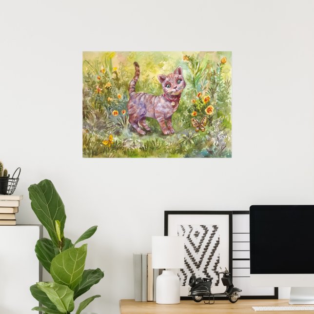 Poster Illustration Cute Kitten Garden Fleurs papillon (Bureau à domicile)