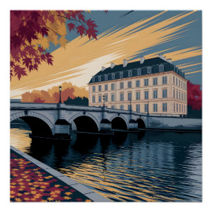 Poster Illustration d'art de ville européenne au bord de