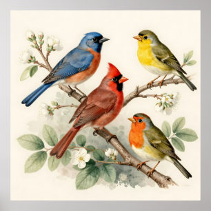 Poster Illustration de Branche Fleurie d'Oiseau Chanteur 
