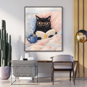 Poster illustration de chat lisant art de chat noir c