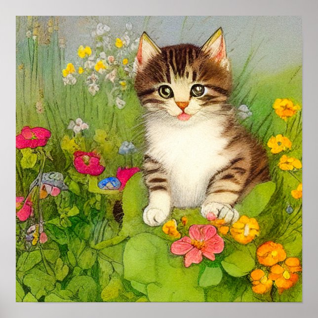 Poster Illustration de chat souriant vintage (Devant)