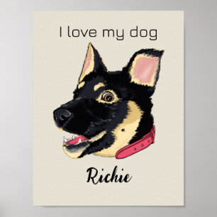 Poster Illustration de chiot GSD Monogramme Cadeau pour a