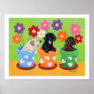 Poster Illustration de chiots de Labrador de pot de fleur