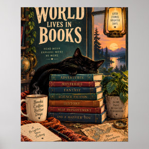 Poster Illustration de coin de livre cosy avec chat endor