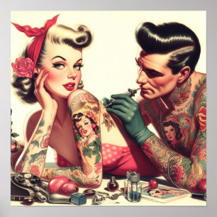 Poster Illustration de couple de tatouage vintage Old Sch