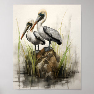 Poster Illustration de deux pélicans