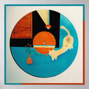 Poster Illustration de disque rétro de chat qui s'étire
