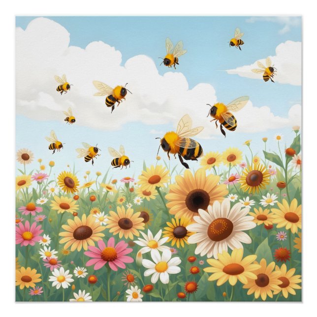 Poster Illustration de fleurs et d'abeilles mignonnes (Devant)