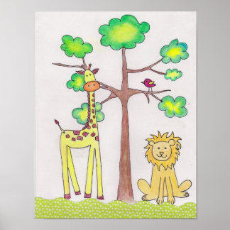 Poster Illustration de girafe et lion mignons pour la nur
