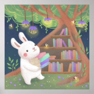 Poster Illustration de lapin bibliophile mignon