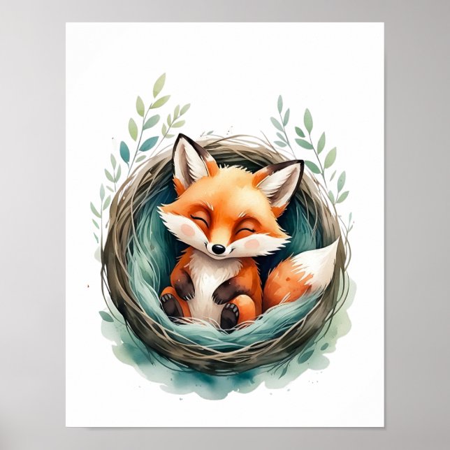 Poster Illustration de l'aquarelle au nid de renard dorma (Devant)