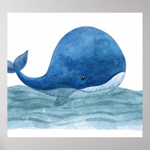 Poster Illustration de l'aquarelle de la baleine bleue mi