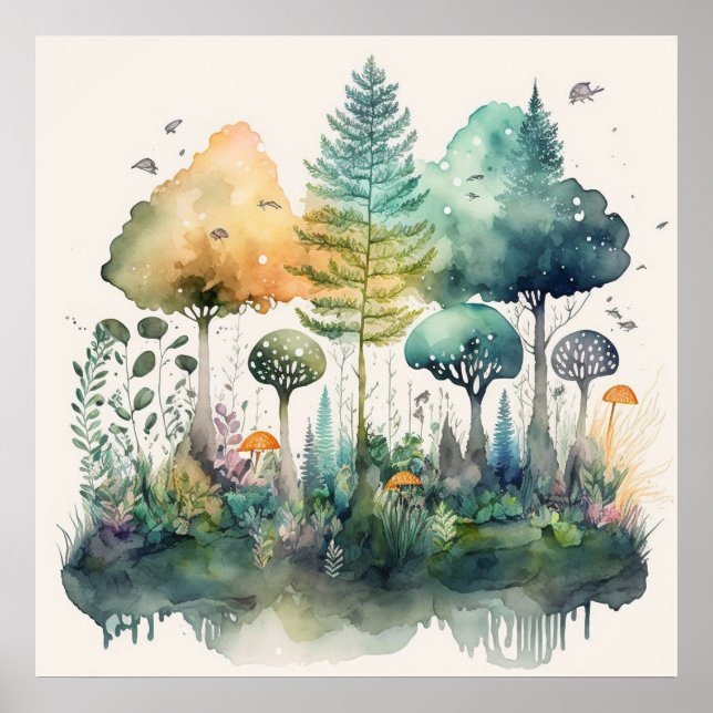 Poster Illustration de l'aquarelle de la forêt de printem (Devant)