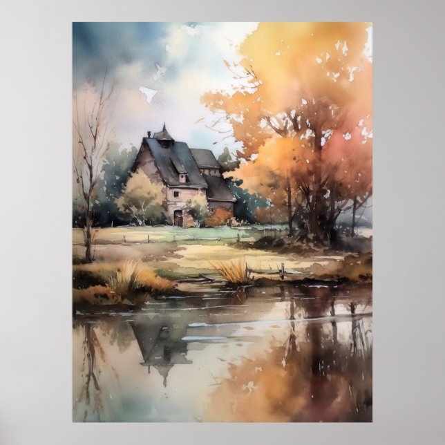 Poster Illustration de l'aquarelle du paysage d'automne I (Devant)