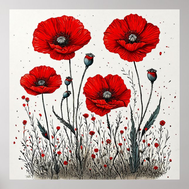 Poster Illustration de l'effervescence des pavots rouges (Devant)