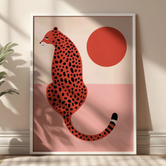 Poster Illustration de léopard moderne rouge et rose, Art