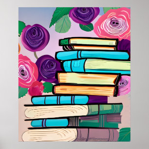 Poster Illustration de livres et fleurs d'art numérique