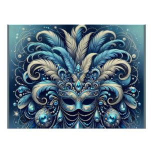 Poster Illustration de masque de bal masqué à plume bleue