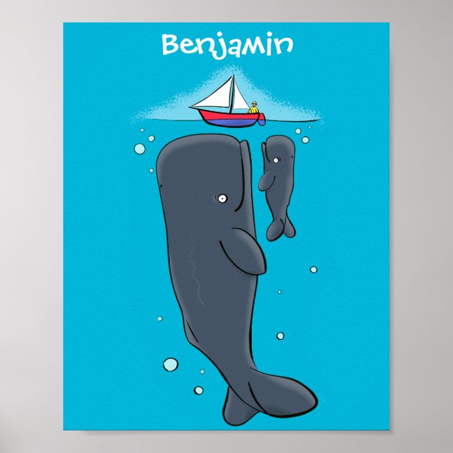 Poster Illustration de mignons baleines et voiliers (Devant)