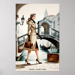 Poster Illustration de mode d'une femme traversant Venise