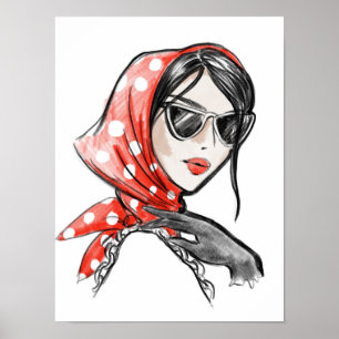 Poster Illustration de mode femme en châle rouge